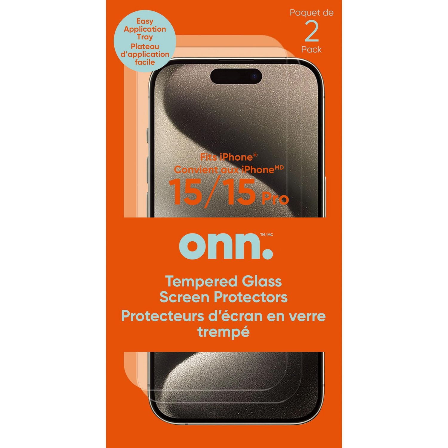 onn. 2-Pack Premium Japanese Tempered Glass Screen Protector for iPhone 15 and iPhone 15 Pro with Easy Application Tray, Scratch and Impact Absorbing