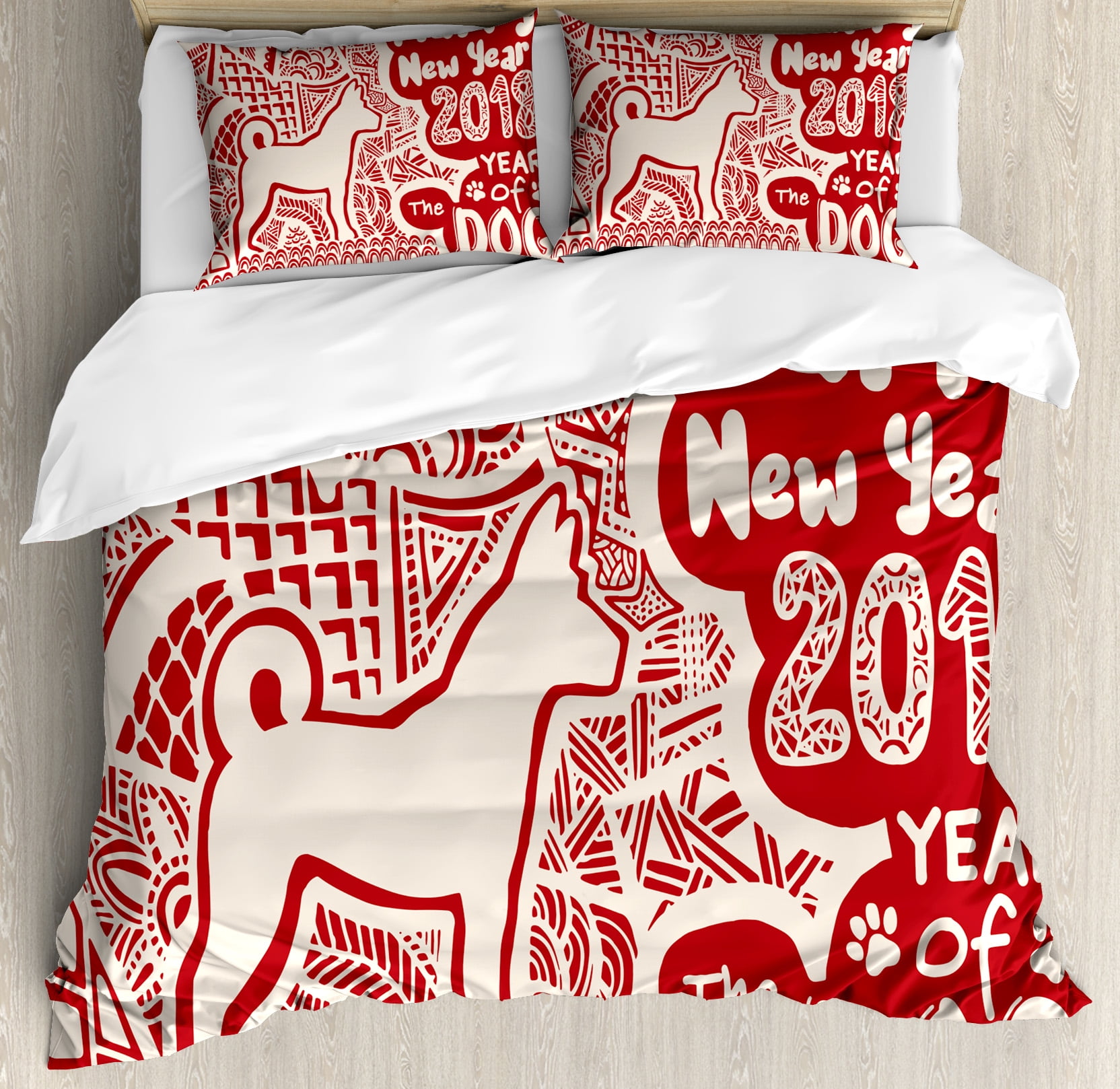 Year Of The Dog Queen Size Duvet Cover Set Abstract Asian Folklore Year Of The Dog Queen Size Duvet Cover Set Abstract Asian Folklore Elements Composition With Silhouette Decorative 3 Piece Bedding 2 Pillow