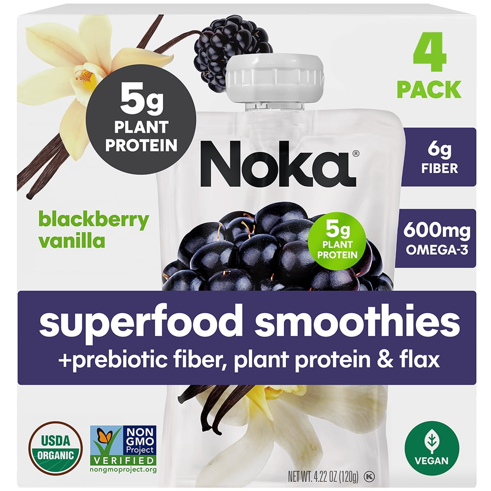 (3 pack) Noka Organic Superfood Smoothie Pouches, Plant Protein, Blackberry Vanilla, 4.22oz, 4 Pack