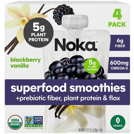 Noka Organic Superfood Smoothie Pouches, Plant Protein, Blackberry Vanilla, 4.22oz, 4 Pack
