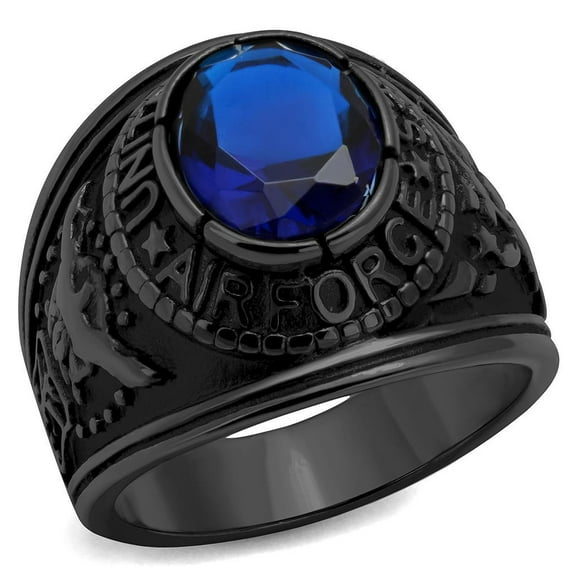 US Air Force Ring for Men and Women Unisex Stainless Steel Military Patriotic Ring in Black with Blue Stone Sapphire
