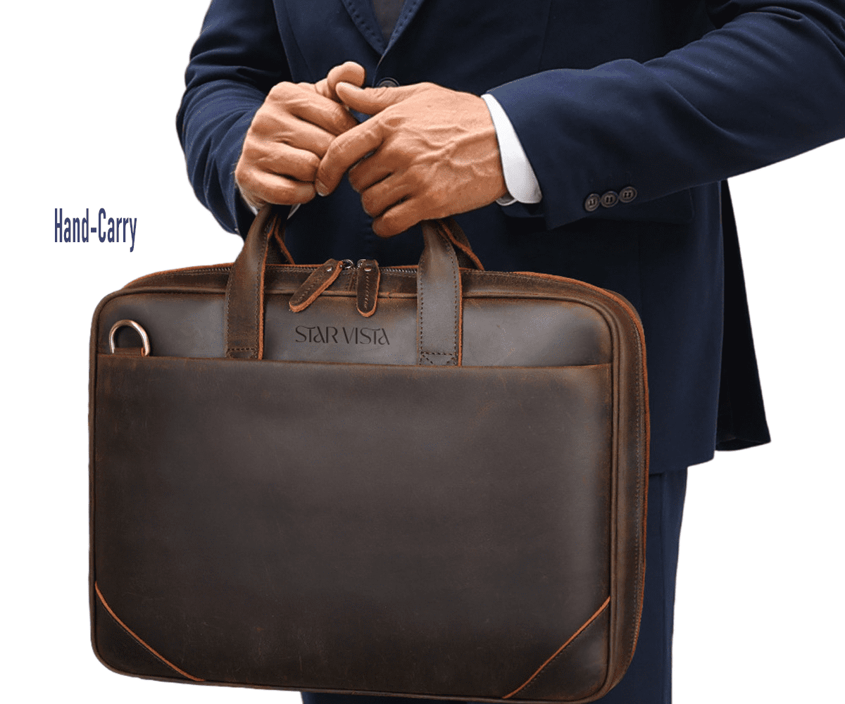 STAR VISTA Vittorio Slim Laptop Messenger Bag, Full Grain Leather Briefcase for Men, Dark Brown, Fits 15.6" Laptop, YKK Zippers and Brass Hardware