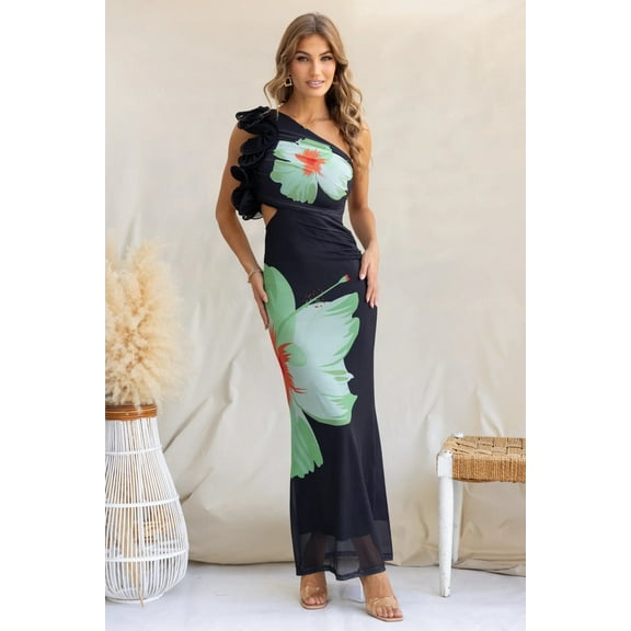 Chic One-Shoulder Floral Maxi Dress (S, Black)