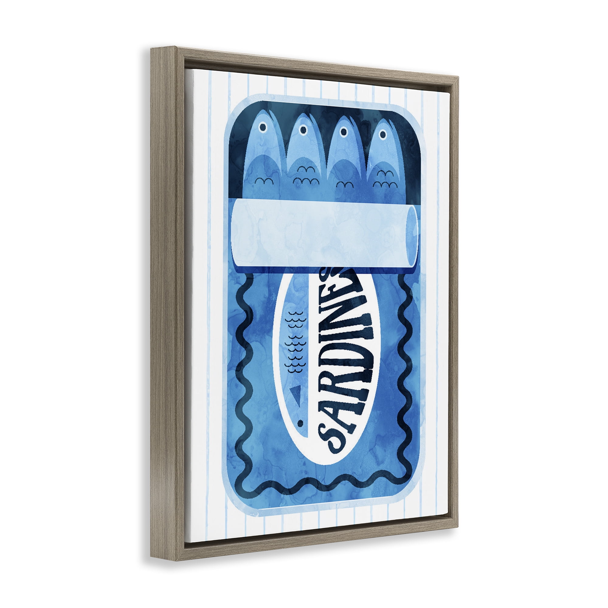 Blue Sardine Tin Over Stripes Brown Framed Floater Canvas Wall Art, design by Daphne Polselli