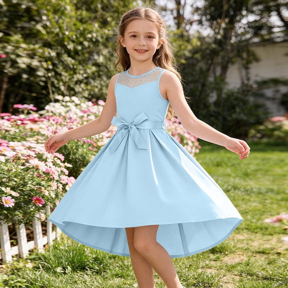 Amidoa Girls Summer Dresses Sleeveless A-Line Flowy Dresses Casual Midi Bow Mesh Sundress Blue Size 15