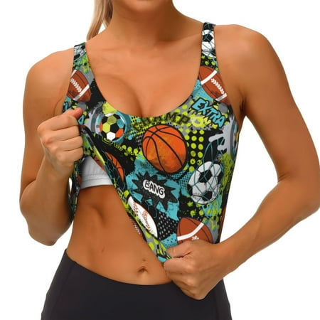 Qokaie Balls Pattern Womens Scoop Neck Sports Bra Breathable Workout Vest Padded U Back Medium Impact Fitness Gym Yoga Bra Workout Crop Top