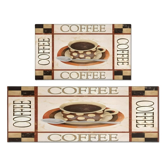 Coffee Cup Farmhouse Design Style Kitchen Mats for Floor Washable Non-Slip, Absorbent Mats Set Of 2 for Sink Waterproof Runner Rug for Laundry Room,kitchen Rugs and Mats 17.7x24+17.7x48inch