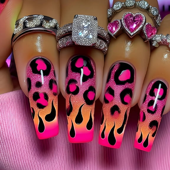 Nail Art Stickers - Wearable Nail Art, High - end Long - square Pink Leopard - print Glitter, Sexy and Sweet - cool Style