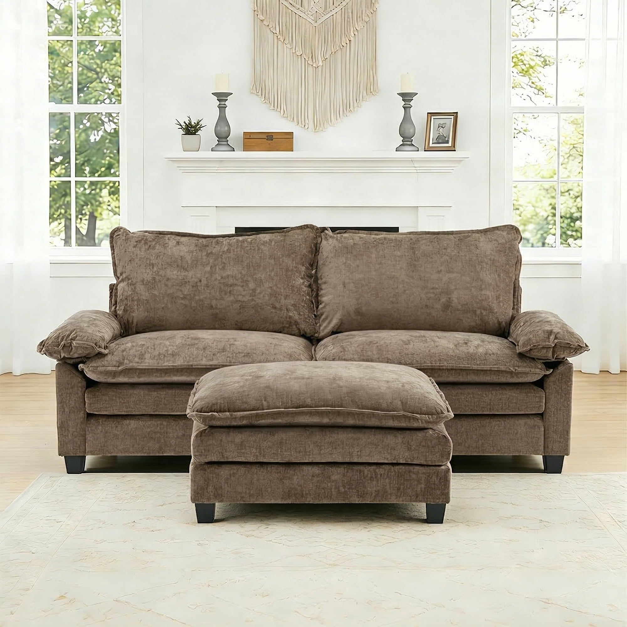 Ktaxon Sectional Sofa L Shaped Couch with Chaise Living Room Sleeper Set, 2 Seats with Chenille and Double Layer Cushions 87" W Light Brown