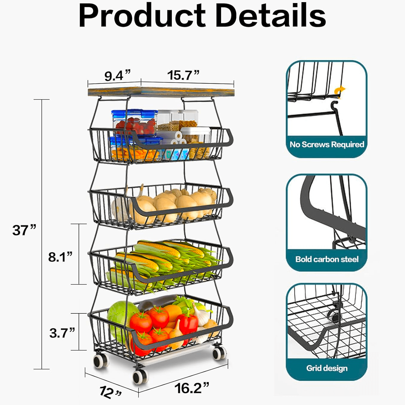 WERSEON 5 Tier Fruit Basket for Kitchen Organizers and Storage, Stackable Metal Wire Basket Stand Cart with Wheels for Fruit Vegetable