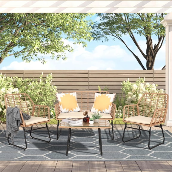 4 Piece Patio Conversation Set, Outdoor Wicker Furniture Set,Rattan Patio Furniture Sets for Backyard,Front Porch, Beige