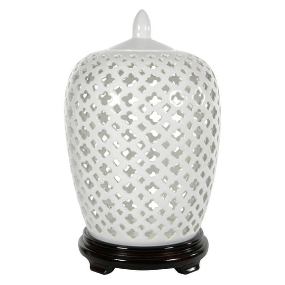 Oriental Furniture 12" Carved Lattice Decorative Vase Jar, decorative item, oriental design, any occasion, any room, white color