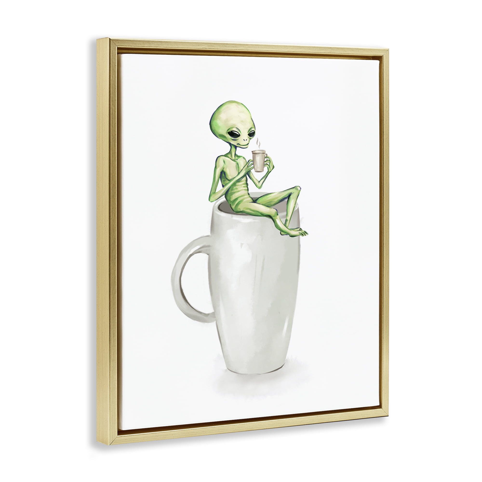 Stupell Industries Alien & Coffee Mug Food & Beverage Painting Gold Floater Framed Art Print Wall Art, 17 x 21