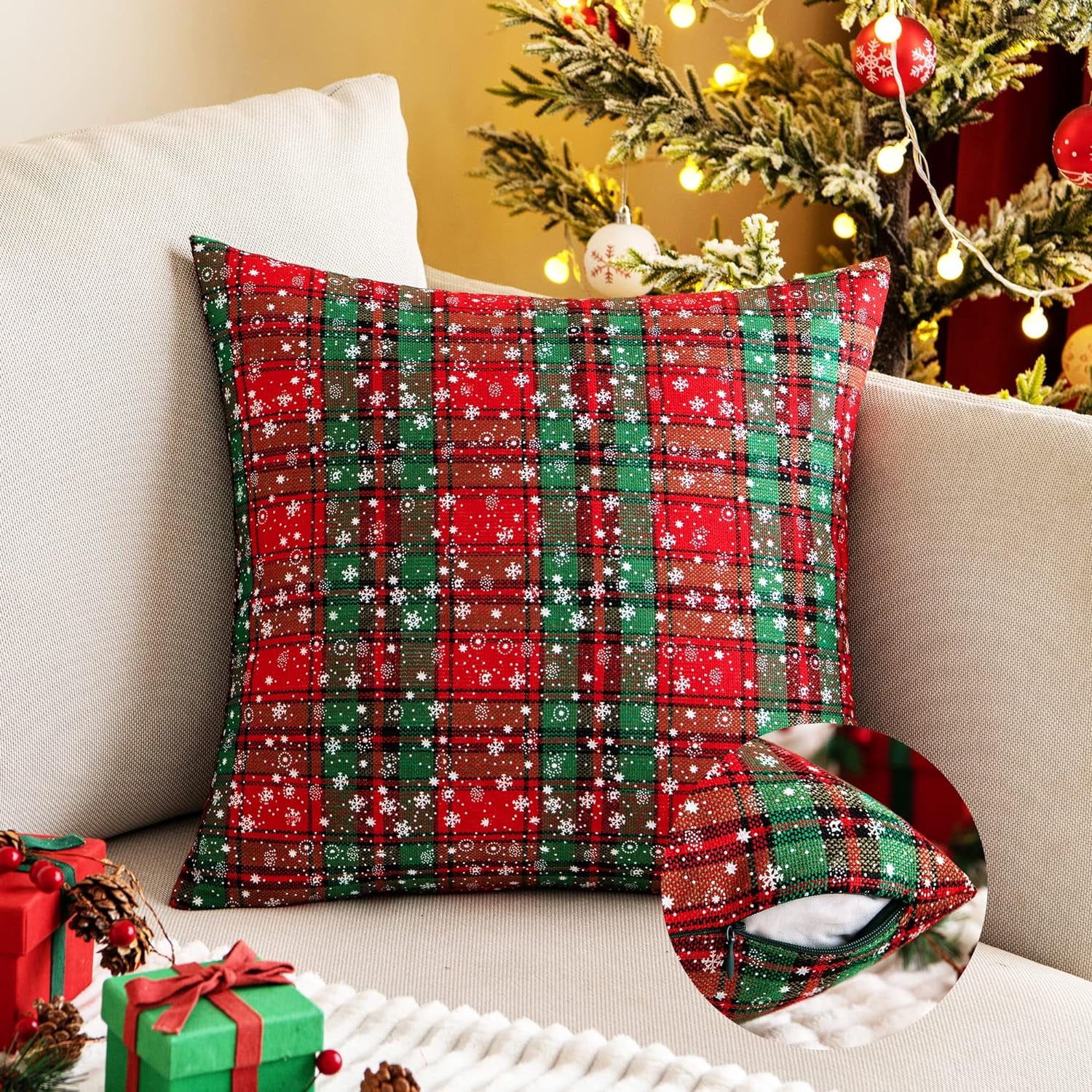 2PCS Christmas Plaid Decorative Throw Pillow Covers Snowflake for Sofa Farmhouse Decor,20x20 Inch