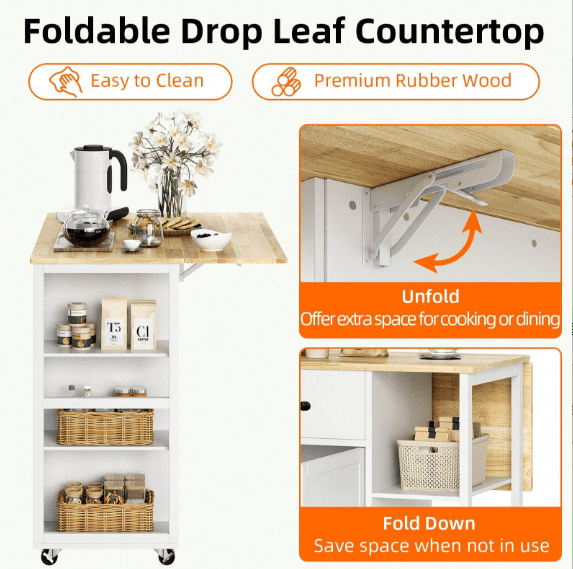 Ataucjin Kitchen Island with Wood Top and Drop Leaf Breakfast Bar Mobile Cart with 2 Door Cabinet,2 Storage Drawers,Spice Rack Towel Holder,Wine-Rack,Foldable Rubberwood Table Top,White