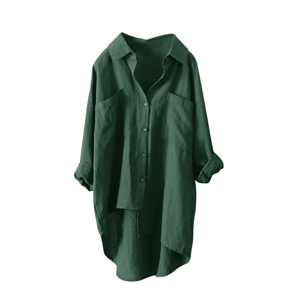 Fanixng Cotton Linen Shirt for Women Button Down Long Sleeve Shirt with High Low Hem Tunic Blouse Boyfriend Style Oversized Shirt Linen Tops For Women Summer Green,XL