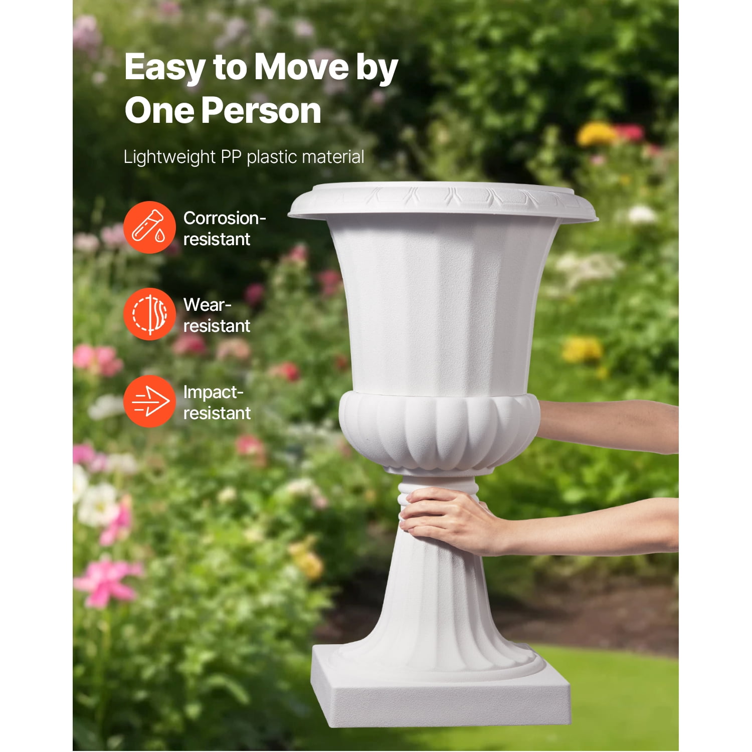 KFFKFF Plastic Urn Planters, 15.8 x 26.4 Inch, Set of 2 White Decorative Flower Pots for Indoor & Outdoor Use - Ideal for Weddings, Events, Home, Garden, Balcony, Patio, and Porch