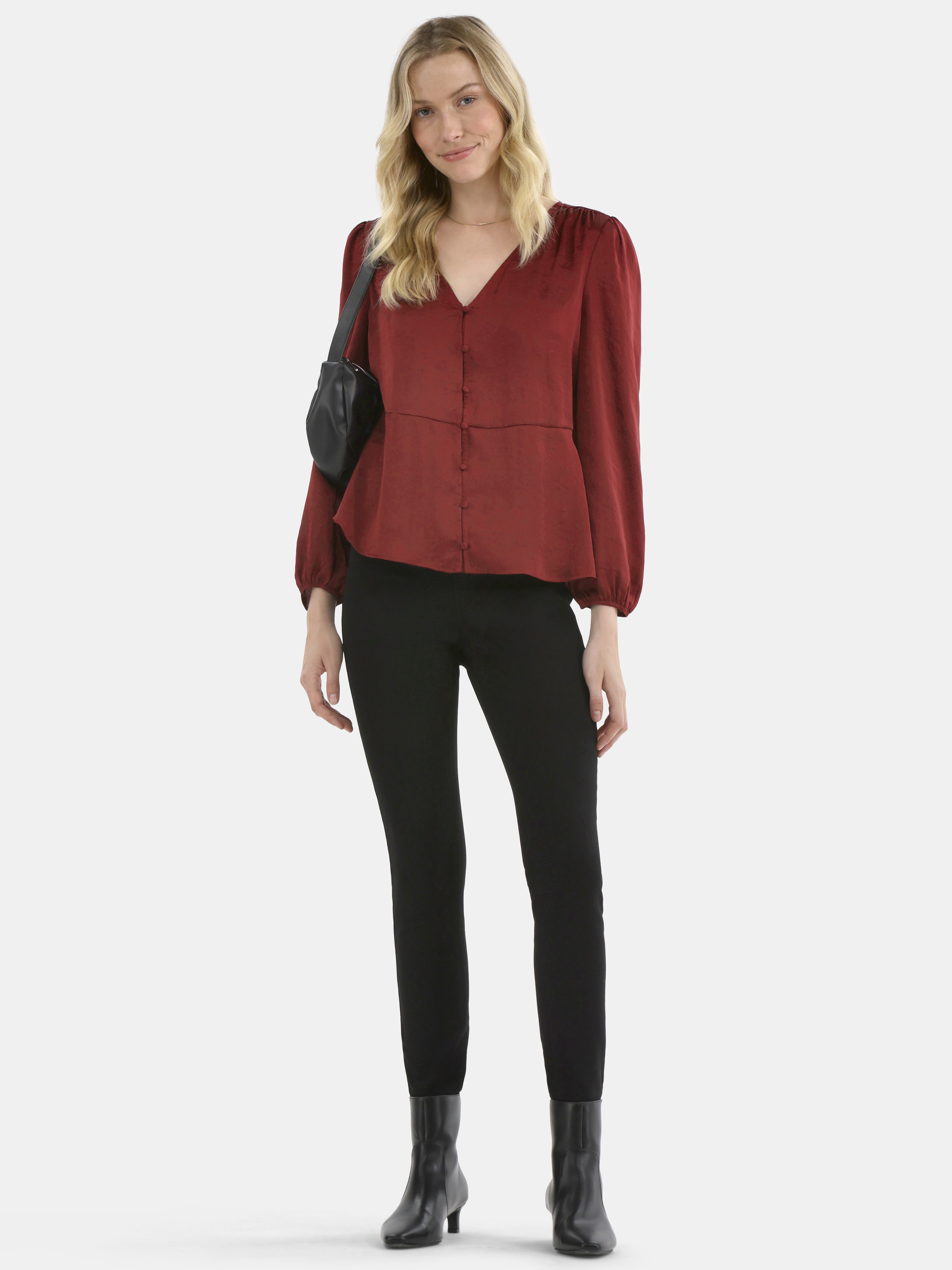 Time and Tru Women's Satin Blouse with Long Balloon Sleeves, XS-XXXL