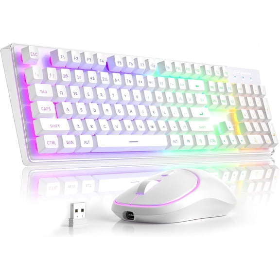 MageGee V550 Wireless Gaming Keyboard and Mouse, 2.4G Full-Sized RGB LED Computer Keyboards with Transparent Shell, Rechargeable Quiet Cordless Mouse & Keyboard Combo for Laptop/PC/Desktop (Purple)