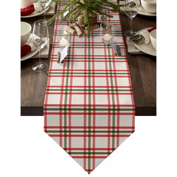 Table Runner Dresser Scarves Christmas Retro Line Tartan Lattice Cotton Linen Burlap Table Cover Minimalist Red Green Plaid Table Runners for Family Kitchen Dining Holiday Party Banquet Decor