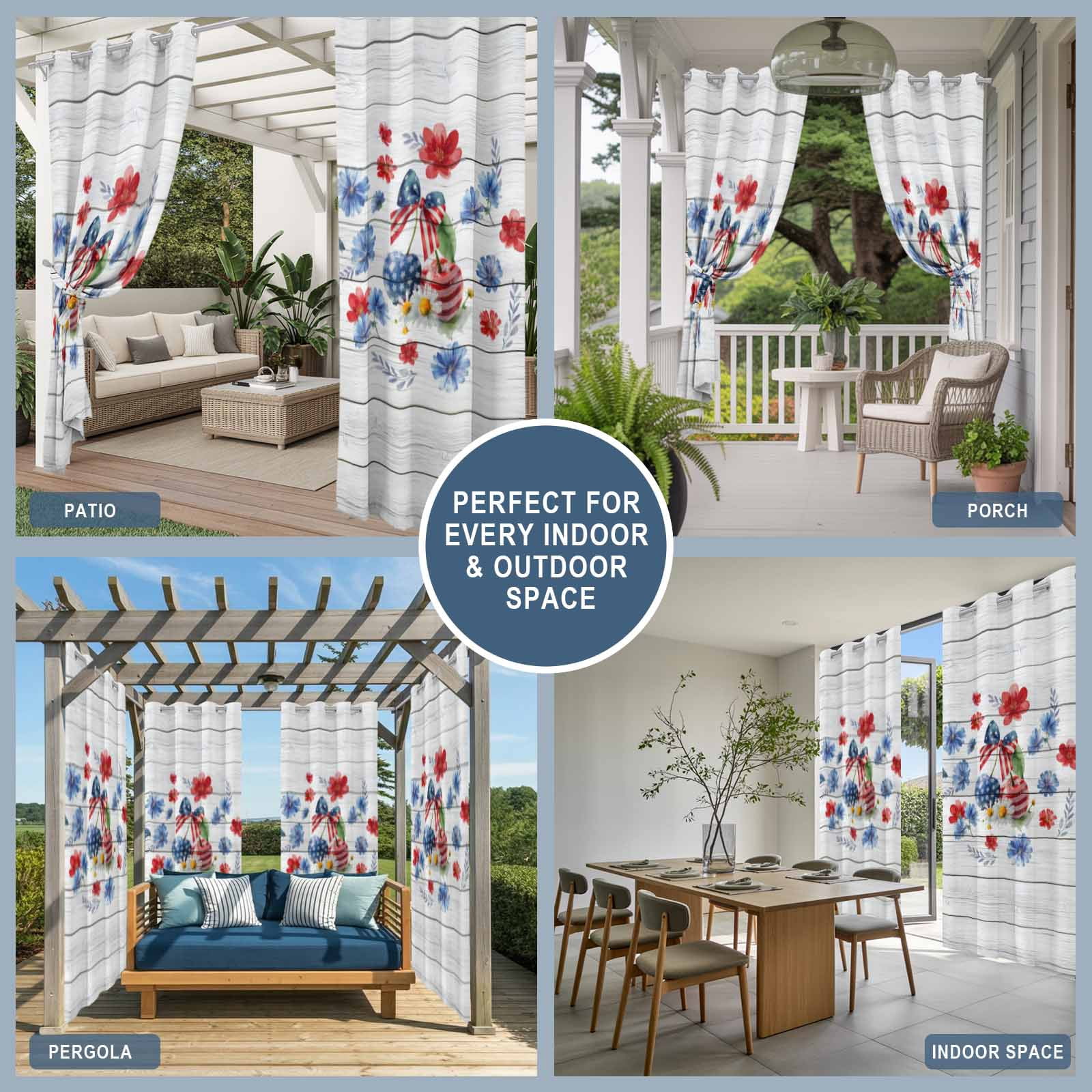 Independence Day Cherry Outdoor Curtains for Patio, Patriotic Red Blue Star Floral Bow Wood Grain Sunshade Privacy Drapes Grommet Waterproof Outside Curtains for Porch Balcony 54"x108", 1 Panel