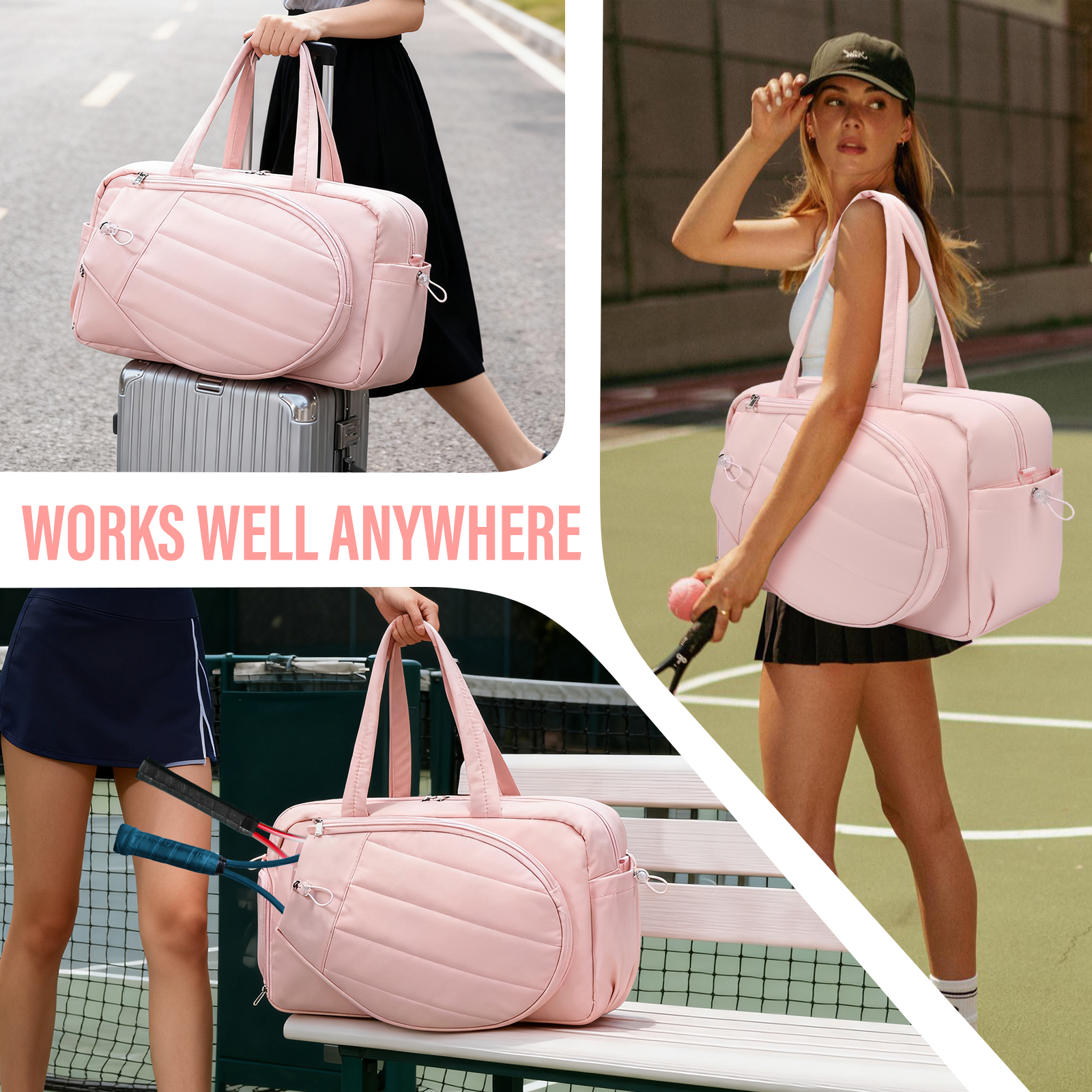Gocvo Womens Tennis Bag with Shoe Compartment, Versatile Lightweight Tennis Racket Bag, Sports Bag for Tennis Pickleball Badminton (Pink)