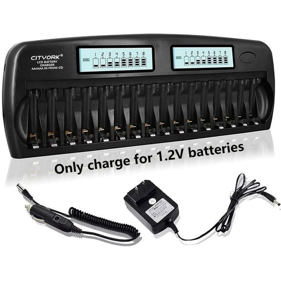 16 Bay Rechargeable Battery Charger with LCD Eye Protection Screen，Fast Charging for 1.2V AA AAA NiMH NiCD Rechargeable Batteries with Refresh Function with Car Charger