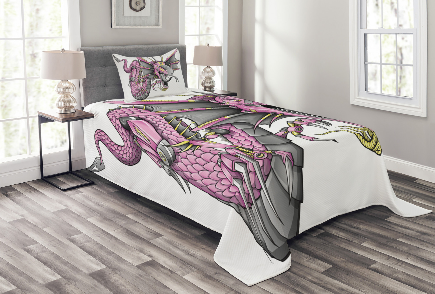 Dragon Bedspread Set Twin Size, Digital Robotic Dragon Character