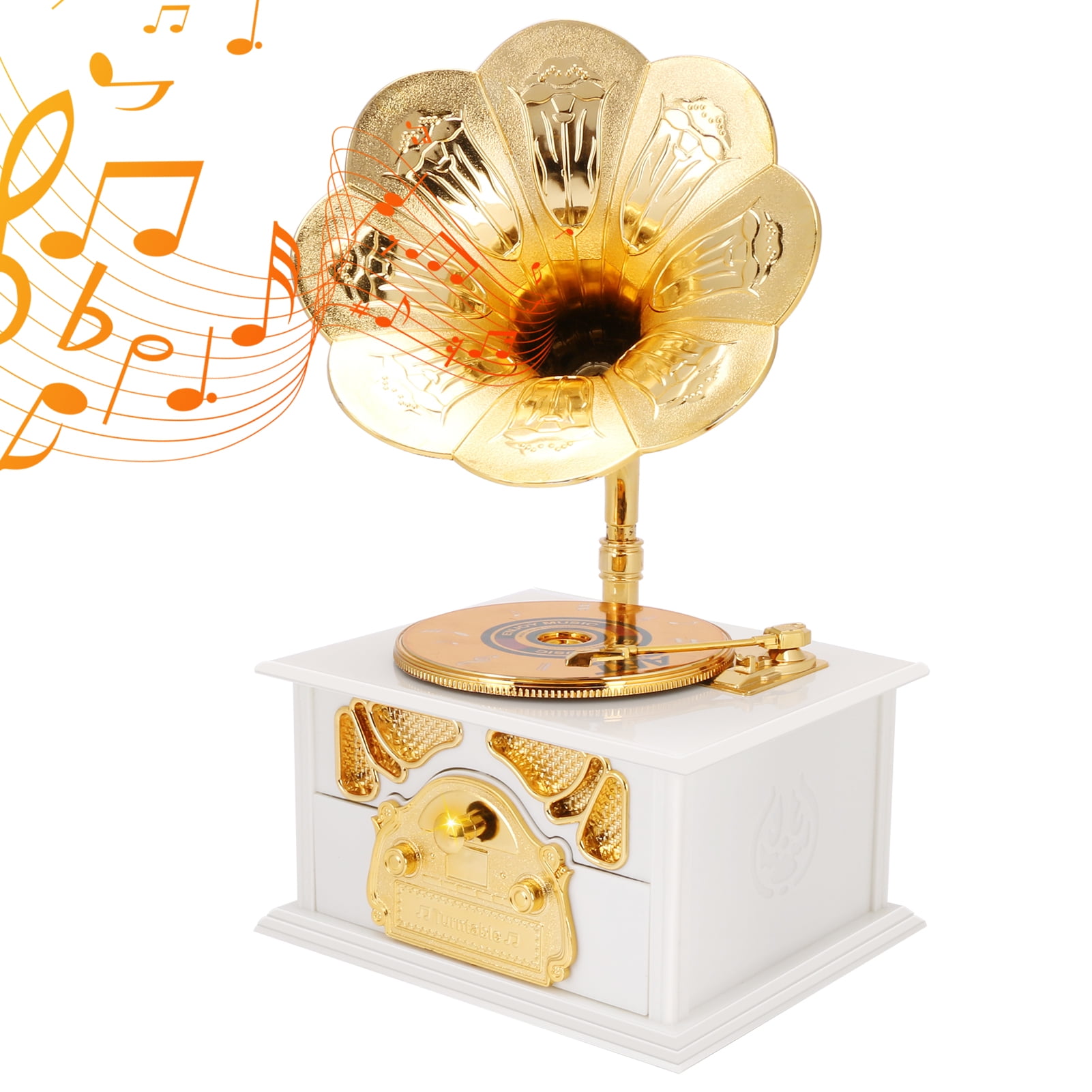 White Music Box,Retro Phonograph Shape Music Box Gift Classic Gold Trumpet Horn Creative Crafts