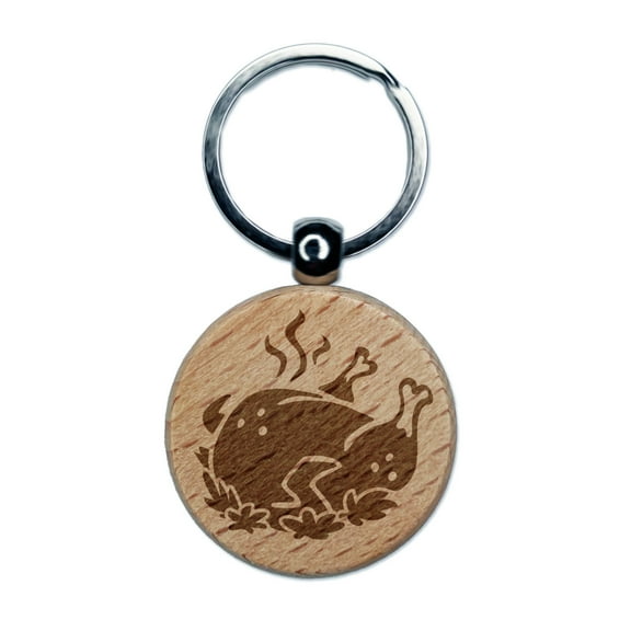 Delicious Turkey Dinner Thanksgiving Round Keychain Charm Tag - Engraved Wood