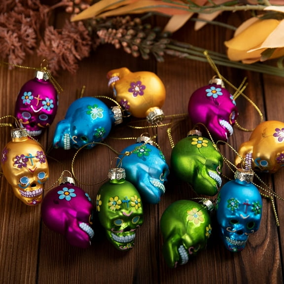 Ebaokuup 12 Pcs Day of the Dead Skull Glass Ornaments - Dia De Los Muertos Candies - Halloween, Christmas Decorations Hanging Ornaments