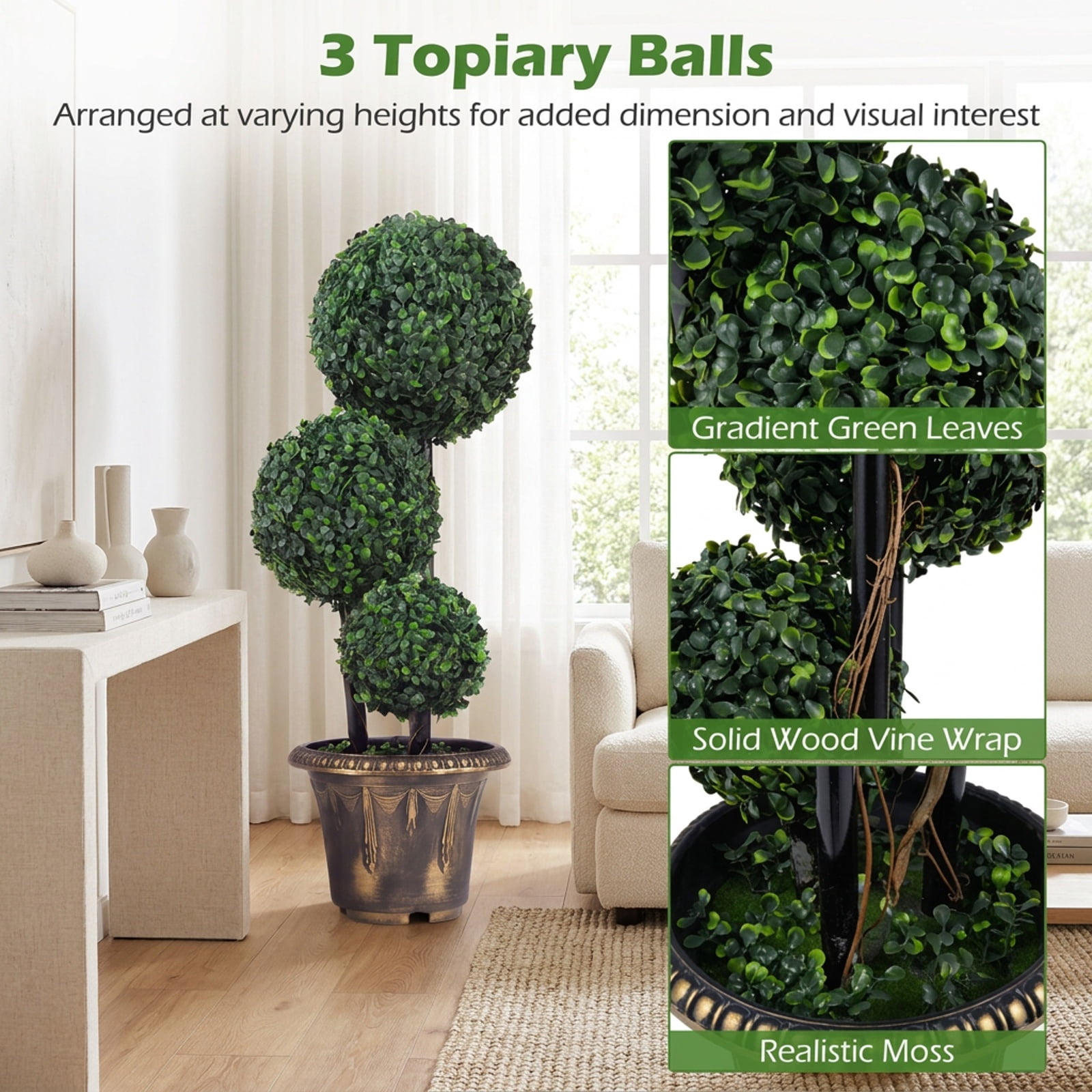Vebreda Artificial Plant Decor, 2.5/3 FT Artificial Boxwood Topiary Tree Triple Ball Shrubs, Triple Ball Display, No-Care Daily Beauty