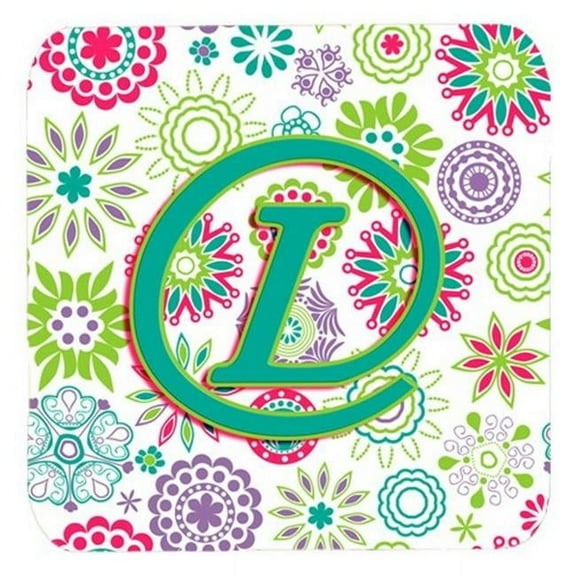 Letter L Flowers Pink Teal Green Initial Foam Coasters, Set Of 4