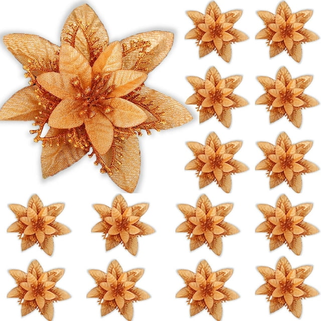 15 Pièces Paillettes Poinsettia Fleurs Artificielles Décorations Arbre Ornements Paillettes Rouges Or