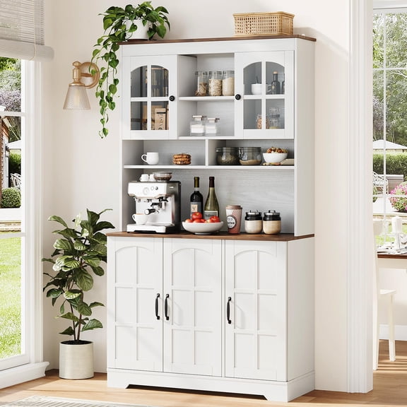 Pantry Cabinet with Charging Station,70.9 Inch Kitchen Cabinet with Glass Doors, Tall Kitchen Pantry Storage Cabinet with Hutch
