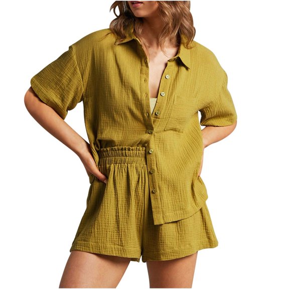 Lopecy-Sta Womens Loungewear Sets To Wear Out Gift for Wife Two Piece Outfits for Women Soft Button Down Shirt Casual Lounge Beach Short Sets