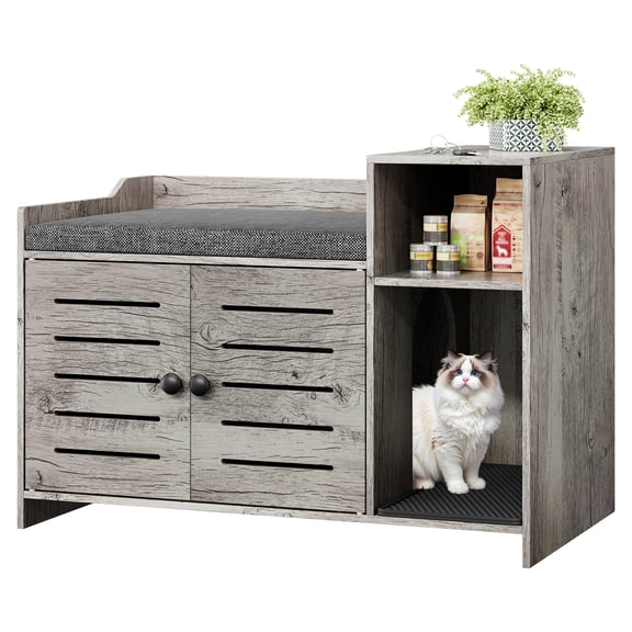 Studyset Farmhouse Hidden Cat Litter Box Enclosure Cabinet, Wooden Covered Litter Box Cabinet, Cat Furniture with Mark Pad and Storage Shelf, Discreet Indoor Cat House for Hallway