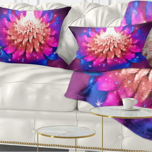 Designart Bright Pink Fractal Flower on Blue - Floral Throw Pillow - 12x20