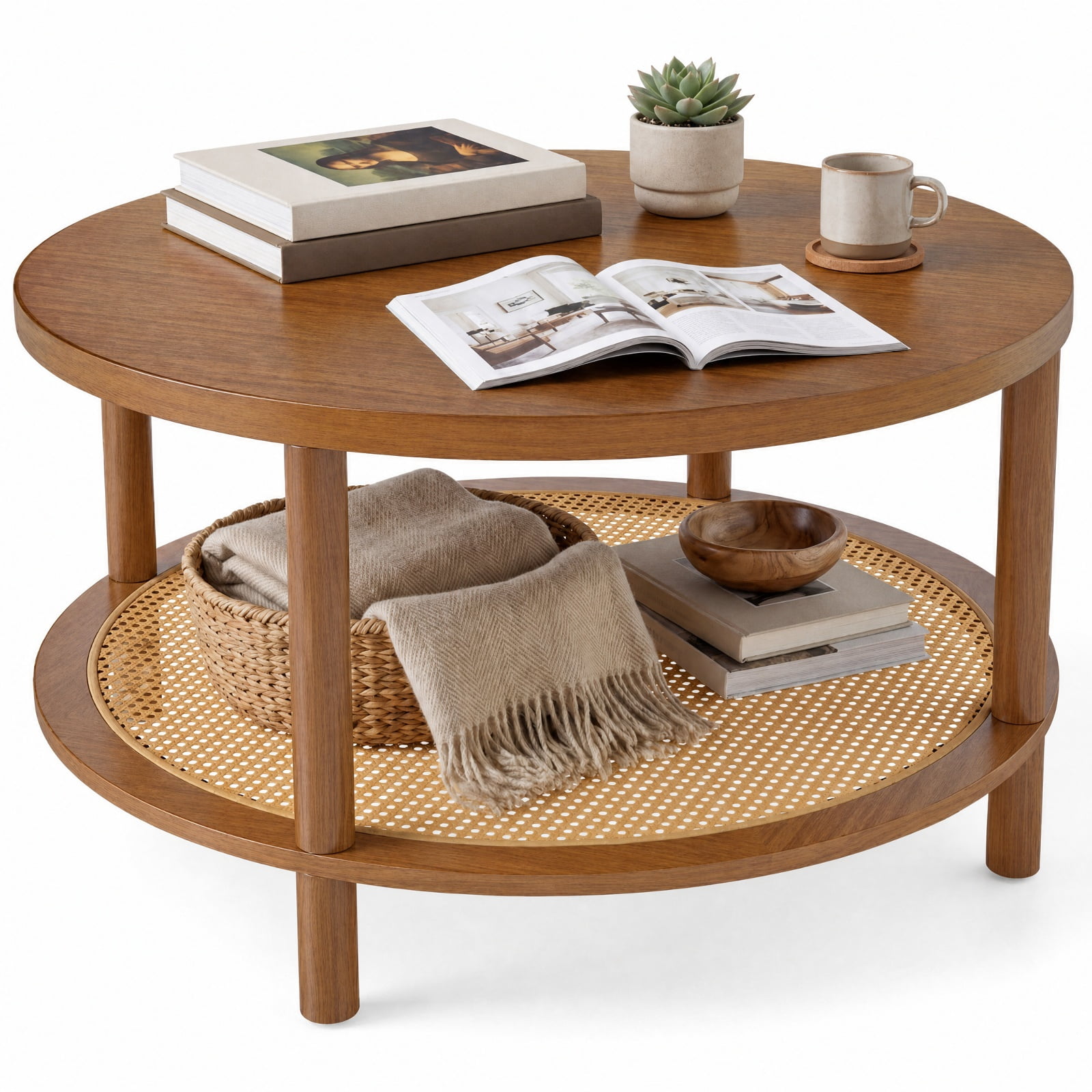 Furnibear 2 Tier Boho Round Rattan Coffee Table with Storage Shelf Rubber Wood Legs and Thickened Top for Living Room, Walnut