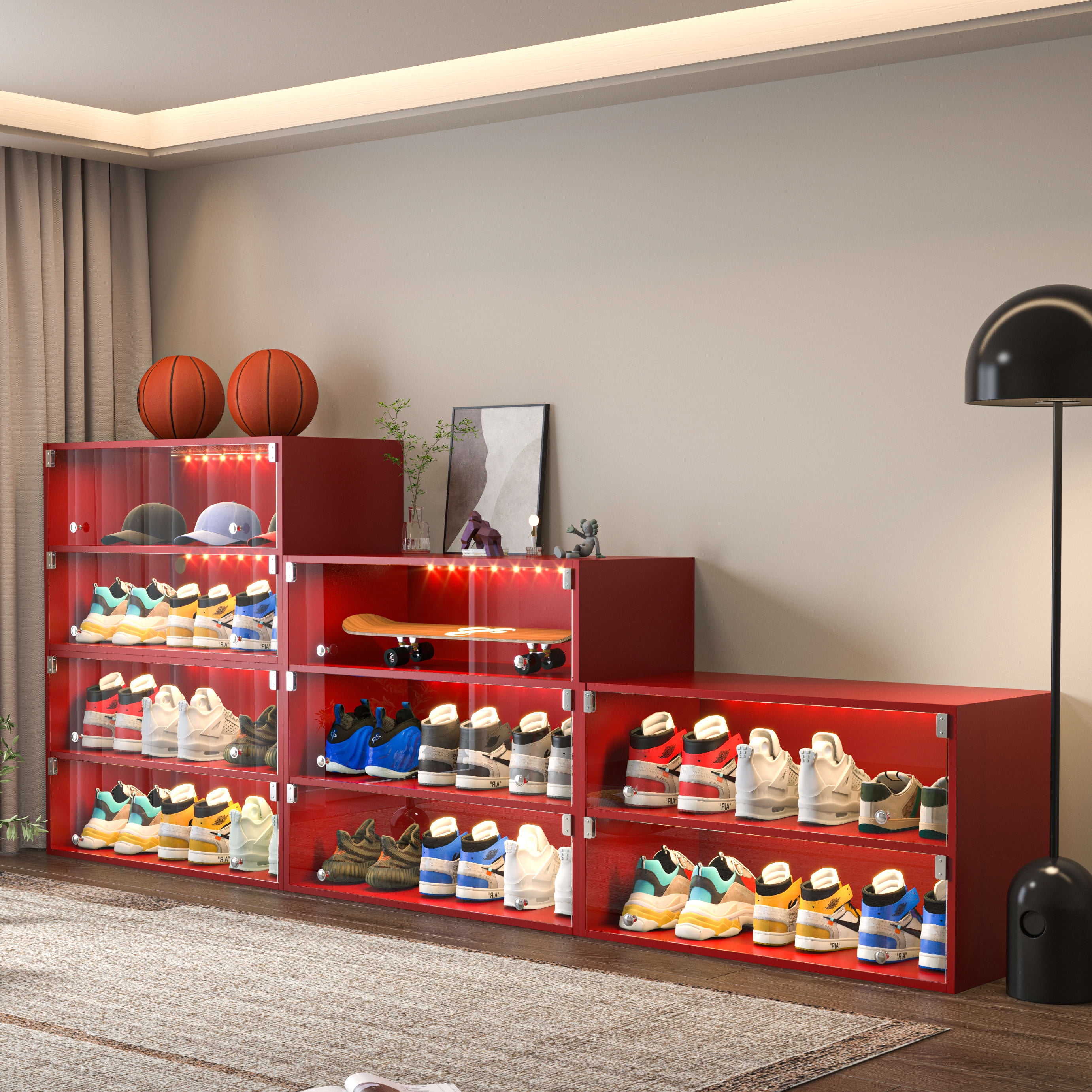 Aukfa Shoe Organizer Storage Cabinet,2 Tier Wood Shoe Box w/ LED APP Control for Closet Entryway,Red