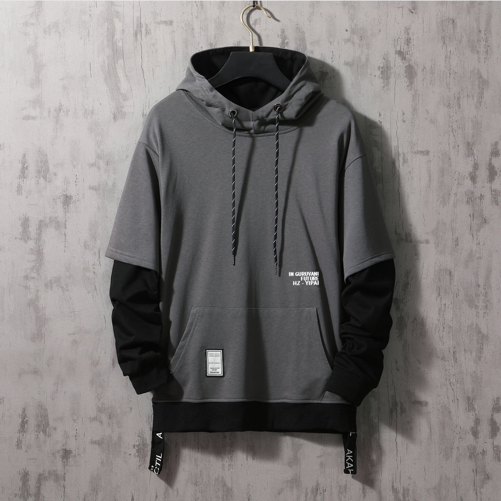 Mens plain patchwork contrast color muff pockets drawstring hoodies hot sale