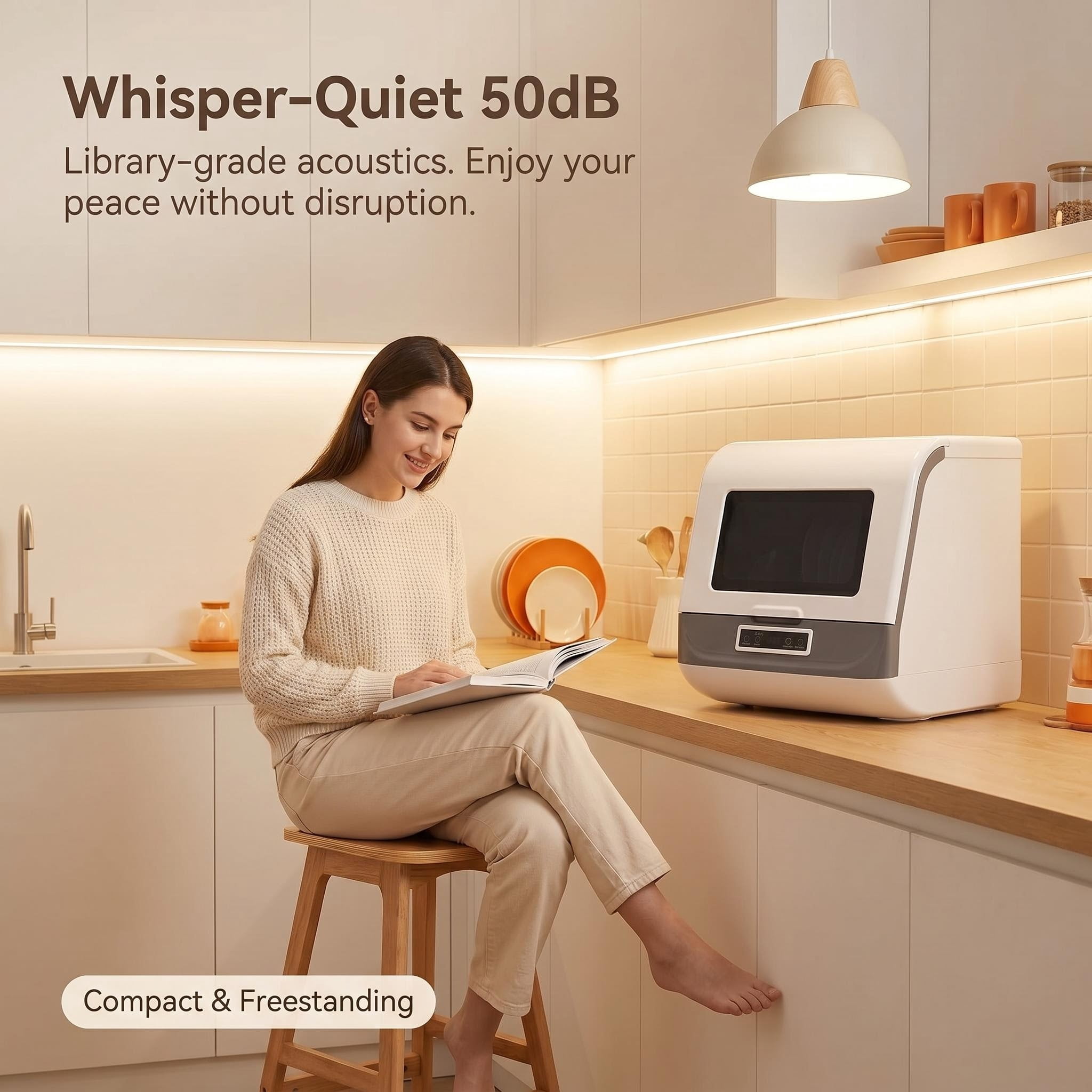 FUNGQI 1200W Portable Countertop Dishwasher, Compact Tabletop Dishwashing Machine with Stainless Steel Rack, 3 Wash Programs, 75°C Hot Air Drying, 50dB Silent Design for RV Apartments, White