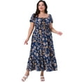 thumbnail image 3 of DARING DIVA Plus Size Square Neck Floral Print Short Sleeves Dress 1X Navy Blue, 3 of 6