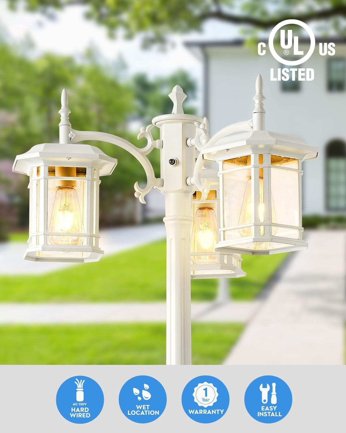 VIANIS Outdoor Lamp Post Light with Outlet 3-Head, Waterproof Outdoor Lamp Post Sconce, Anti-Rust Black Dusk to Dawn Street Light Pole for Garden, House, Doorway, Weather Resistant