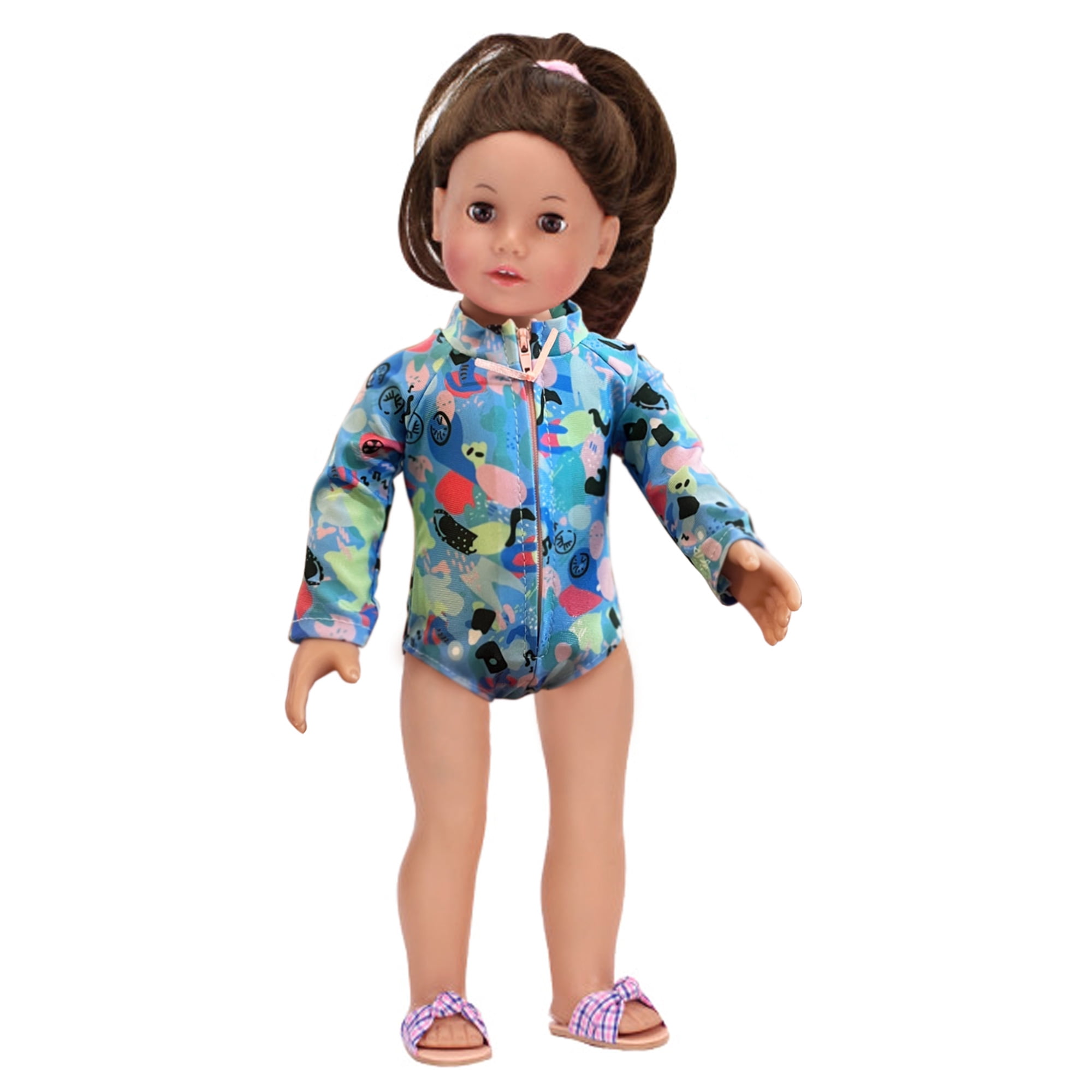 Sophia's Colorful Collage Print Long Sleeve Rash Guard Swimsuit for 18' Dolls, Blue