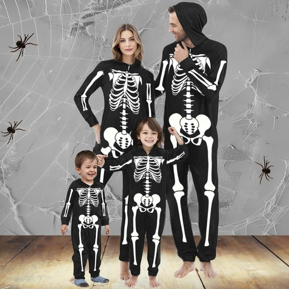 CLOISE Family of 4 Halloween Pajamas Skeleton One-Piece Sleepwear for Baby 12 Months Hooded Zipper Pajamas Comfy Long Sleeve Jumpsuit Funny Halloween Outfits in November Black