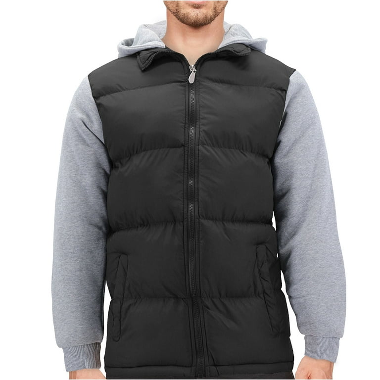 Men’s Hybrid Puffer Lightweight Utility Insulated Hooded Quilted Zipper Jacket (BH190 - Black, S)
