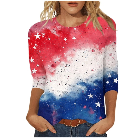 lcziwo Womens Plus Size 4th of July Shirts Three Quarter Length Sleeve Crew Neck Tops Vintage Patriotic Graphic Print Summer 2025 Red,XXXXXL