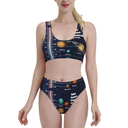 Bixox Solar System Pattern Two-Piece Sports Bikini with U-Shaped Top and High-Waist Bottom - Women s Swimwear with Removable Bra Pads