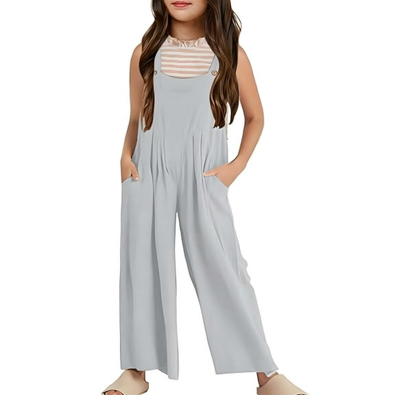 Agkizg Summer Girl's Casual Jumpsuits,Kids Wide Leg Pants,Girls Overalls Kids Casual Sleeveless Wide Leg Jumpsuit Loose Rompers With Pockets 4-14 Years